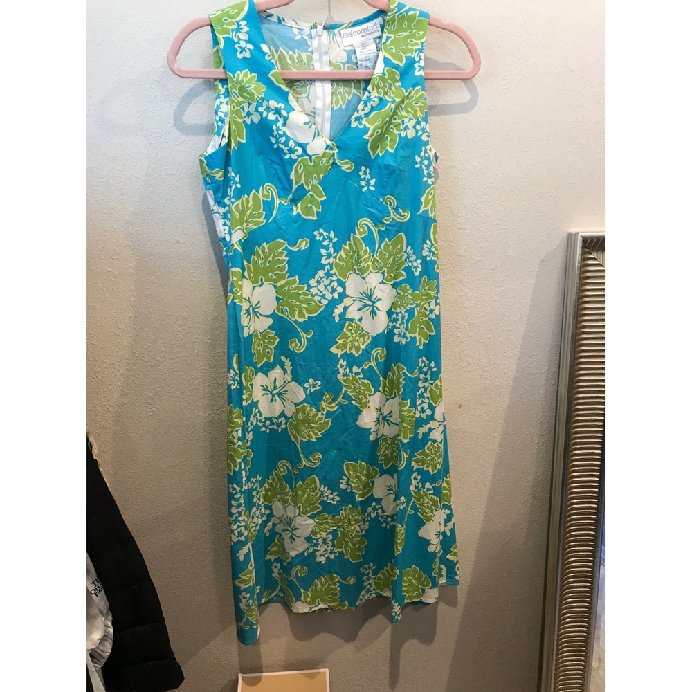 Real Comfort by Chadwick's Aqua Floral Tropical Sheath Dress Petite 4P Vintage